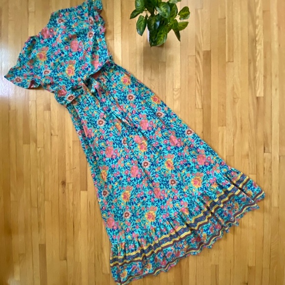 Floral V-Neck Surplice Hem Wrap Tie Side Butterfly Sleeve Maxi Dress Size S - Picture 11 of 12